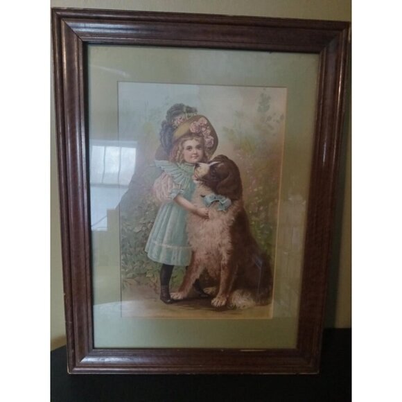 Vintage Framed Victorian Girl & Dog – Antique Wall Art Pet Portrait Art - Picture 1 of 4